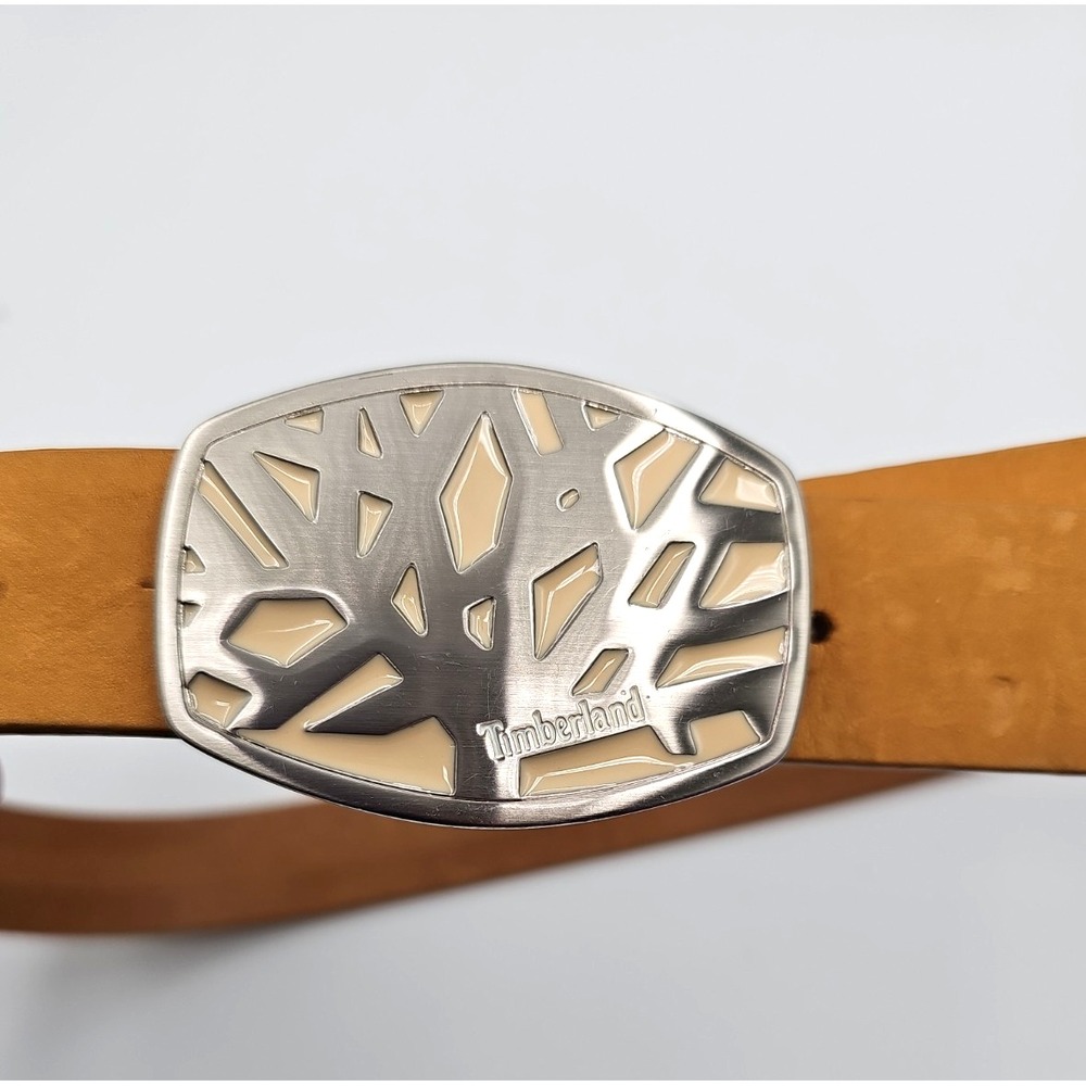 Vintage Timberland Women's Leather Belt Embossed Silver Enamel Buckle 38-42"